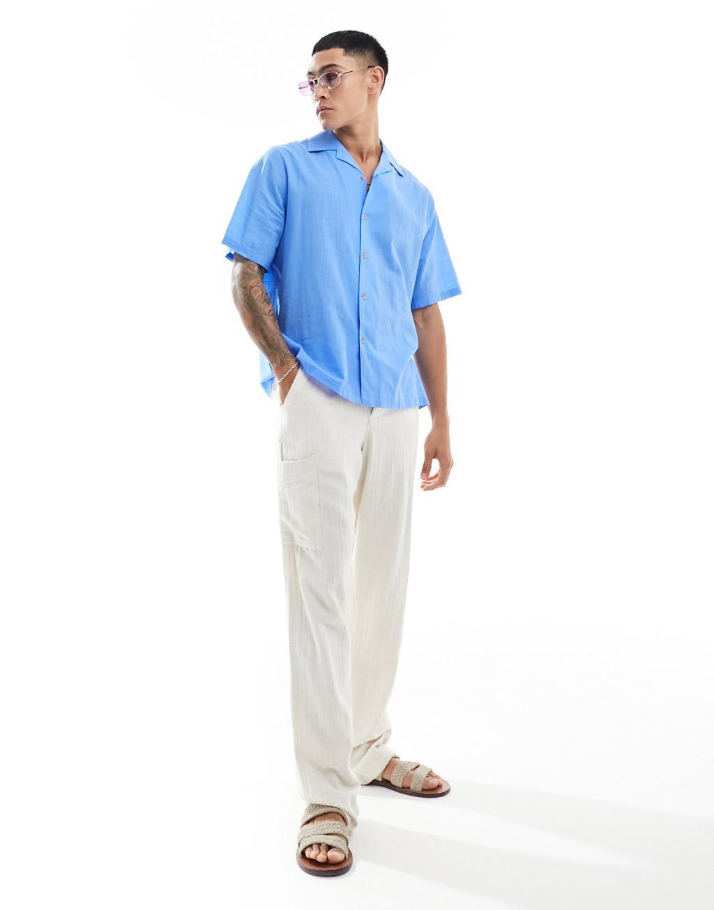 ASOS DESIGN short sleeve relaxed camp collar linen look shirt in mid blue Product Image