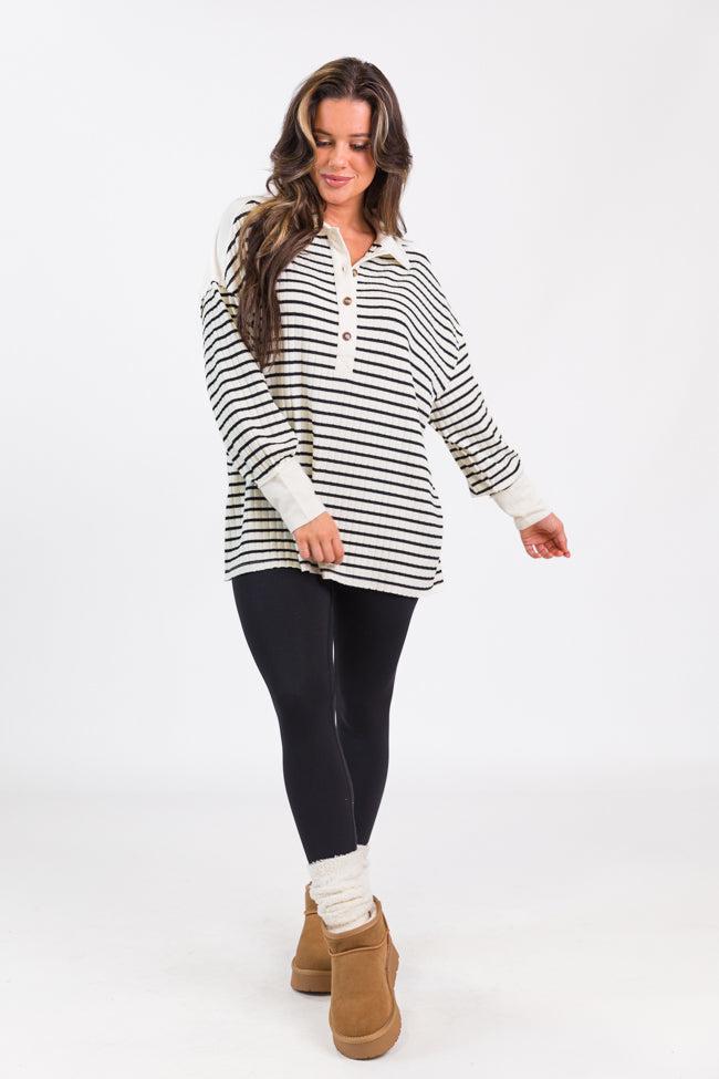 This Is The Life Black Striped Collared Henley Oversized Knit Top Product Image