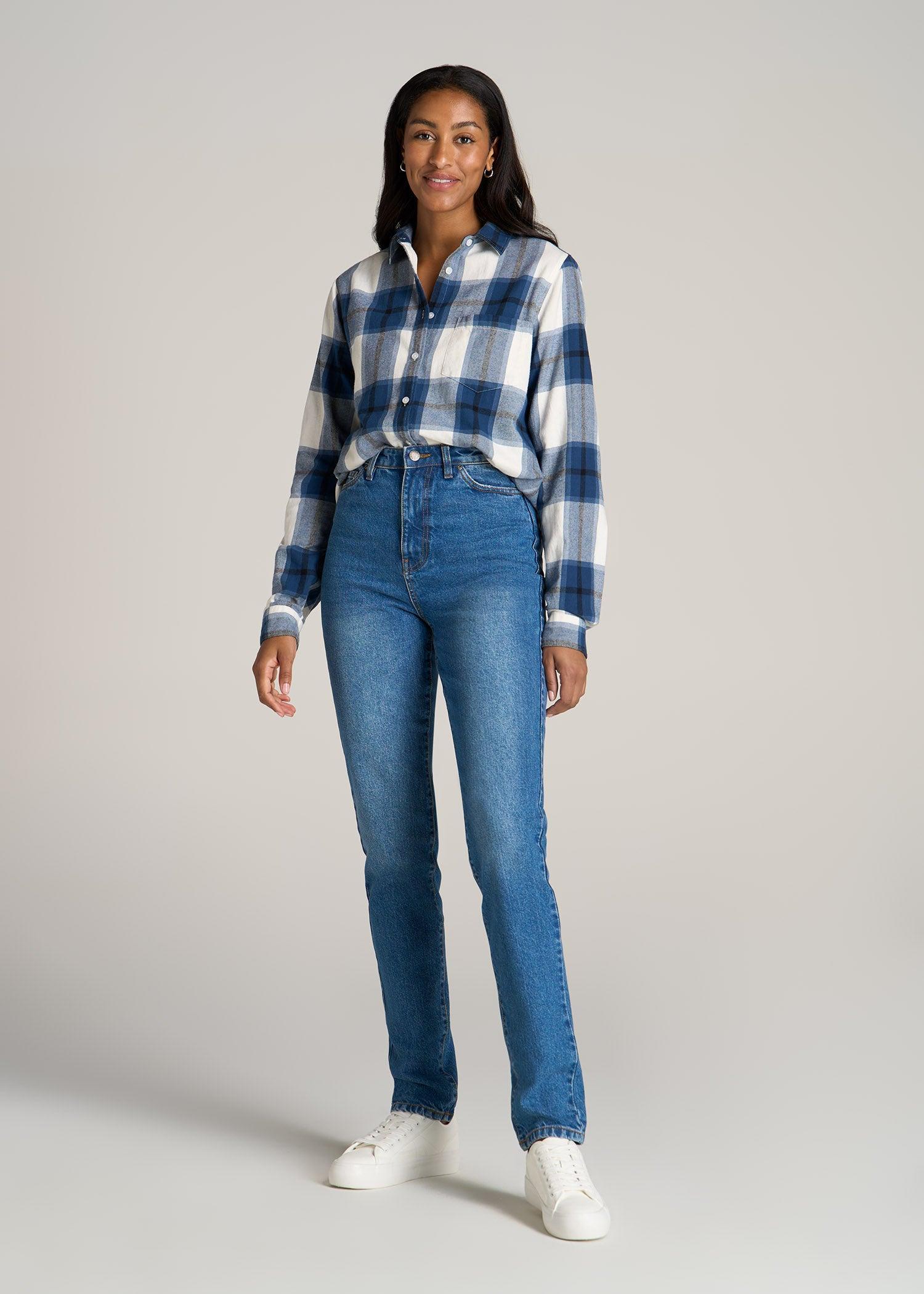 Flannel Button-Up Shirt for Tall Women in Ocean Blue and White Female Product Image