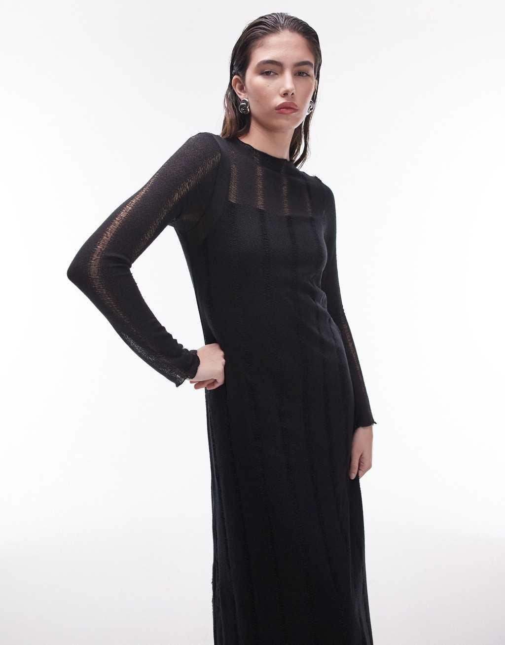 Topshop jersey ladder detail long sleeve maxi dress in black Product Image