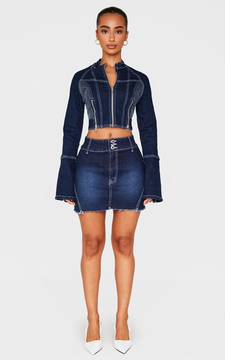 Petite Indigo Stitch Detail Zip Cropped Denim Jacket Product Image