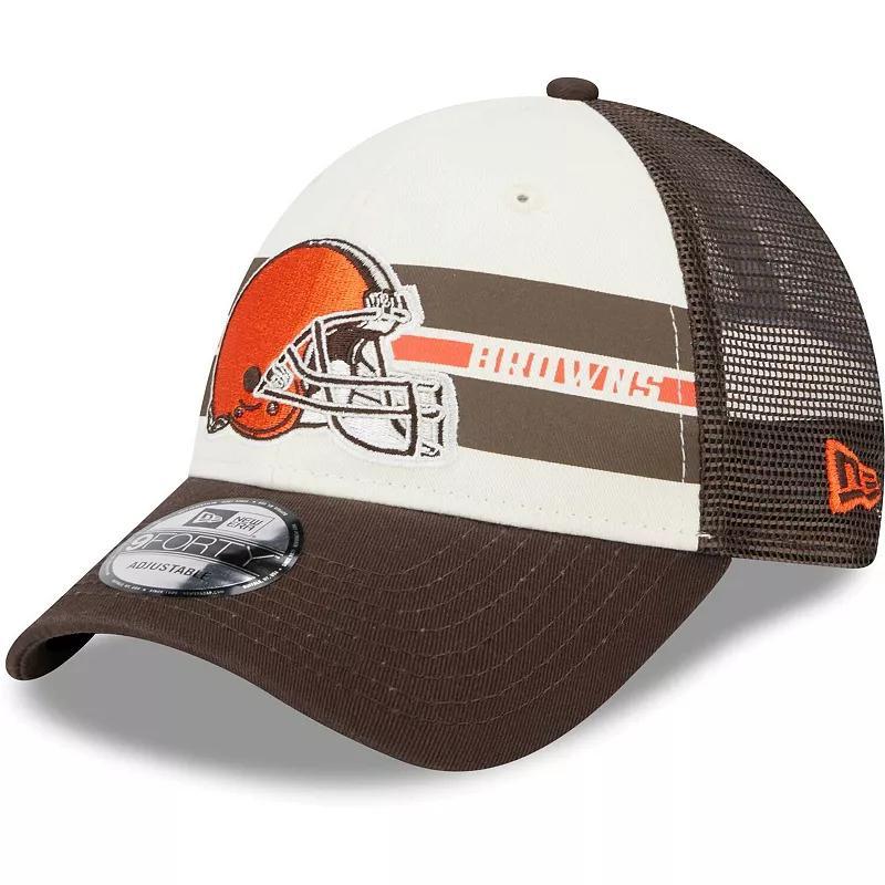 Mens New Era Cream/Brown Cleveland Browns Team Stripe Trucker 9FORTY Snapback Hat Product Image