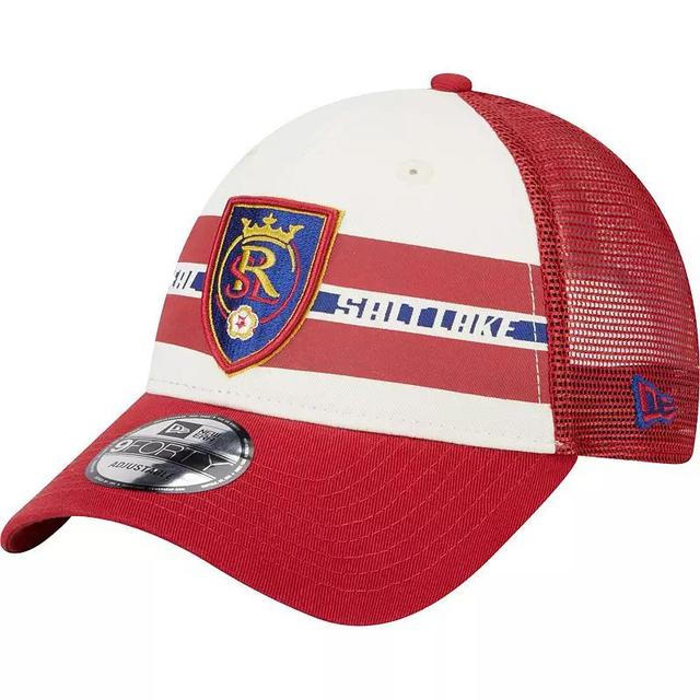 Mens New Era /Red Real Salt Lake Team Stripes 9FORTY Trucker Snapback Hat Product Image