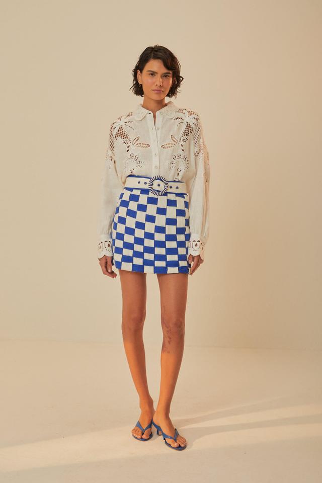 Bicolor Interweaving Euroflax Premium Linen Mini Skirt, OFF-WHITE+BLUE / M Product Image