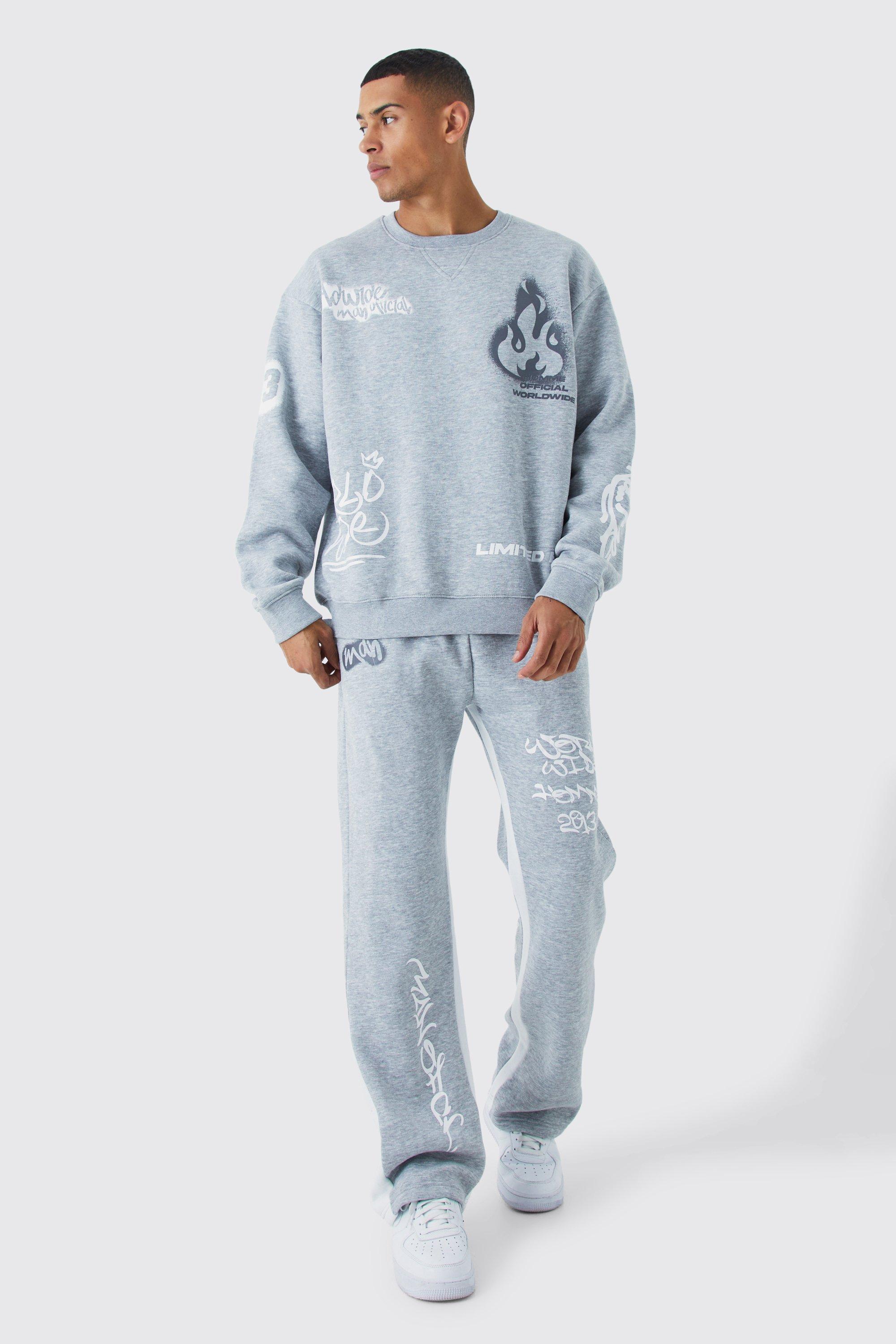 Mens Grey Oversized Graffiti Contrast Gusset Tracksuit, Grey Product Image