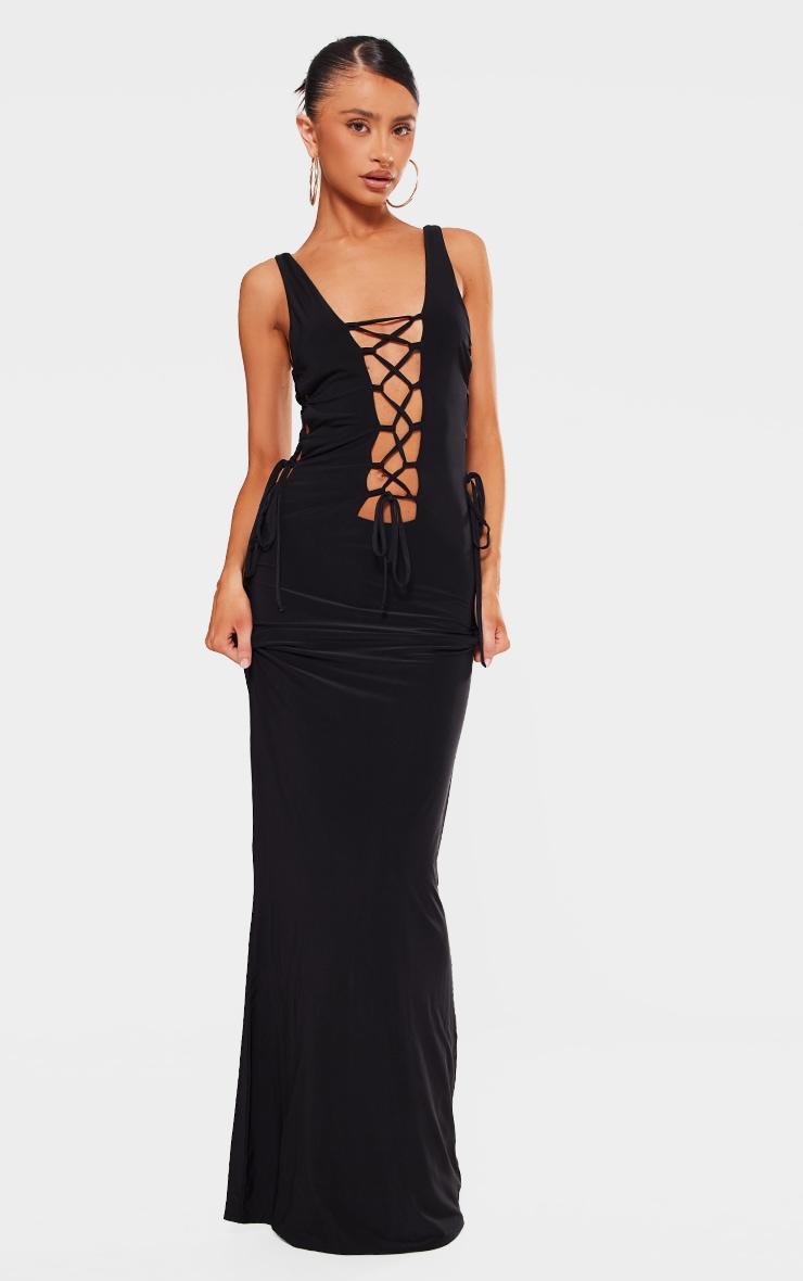 Petite Black Double Layer Lace Up Detail Maxi Dress Product Image