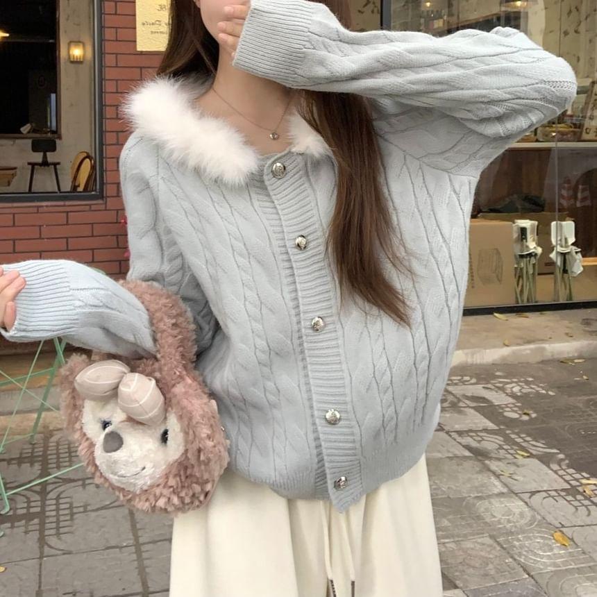 Fluffy Collar Button-Up Cardigan Product Image