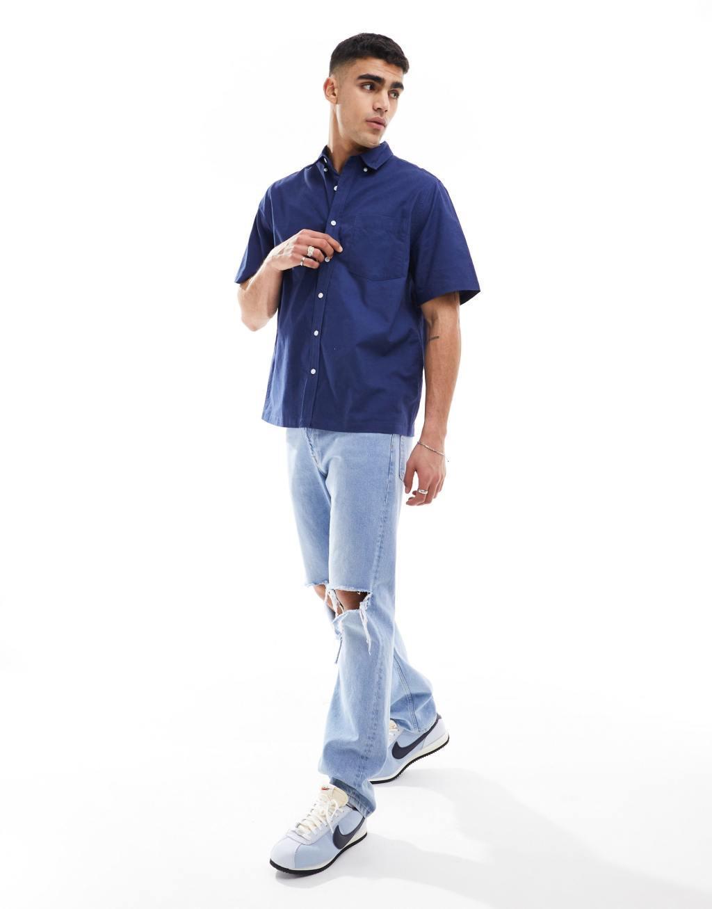 ASOS DESIGN relaxed short sleeve oxford shirt in navy  Product Image