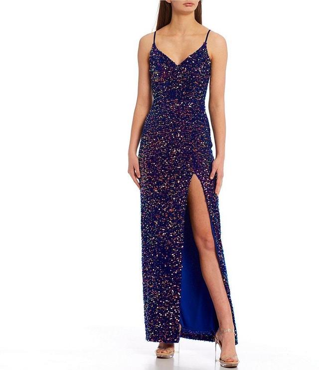 Next Up Sequin Front Slit V-Neck Long Dress Product Image