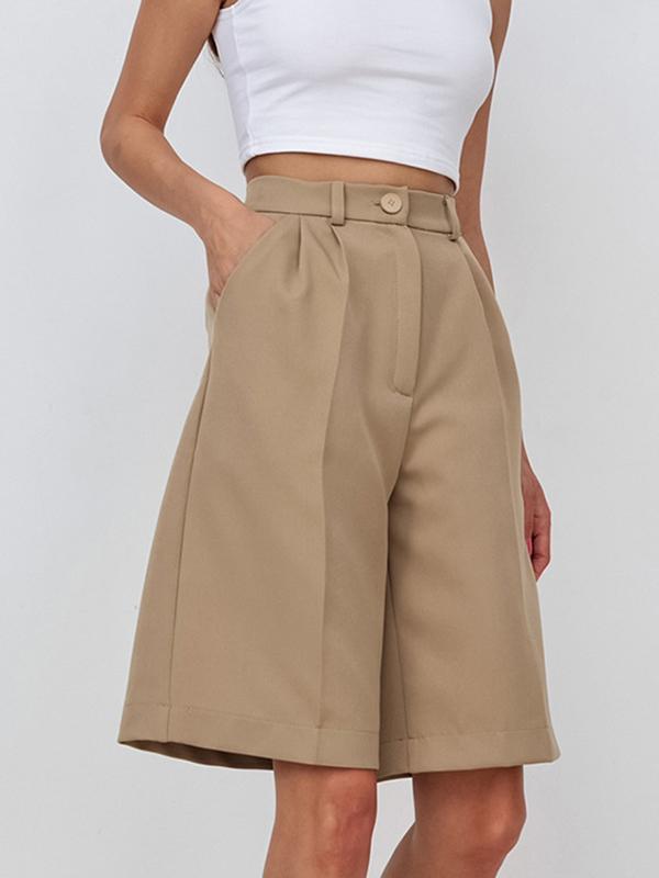 High Waisted Loose Pleated Solid Color Split-Joint Half Pants Shorts Bottoms Product Image