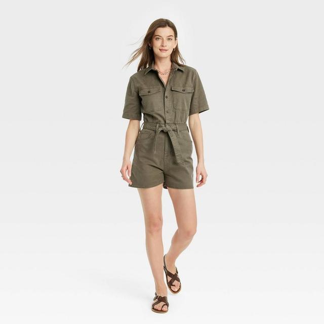 Womens Short Sleeve Denim Romper - Universal Thread Olive Product Image