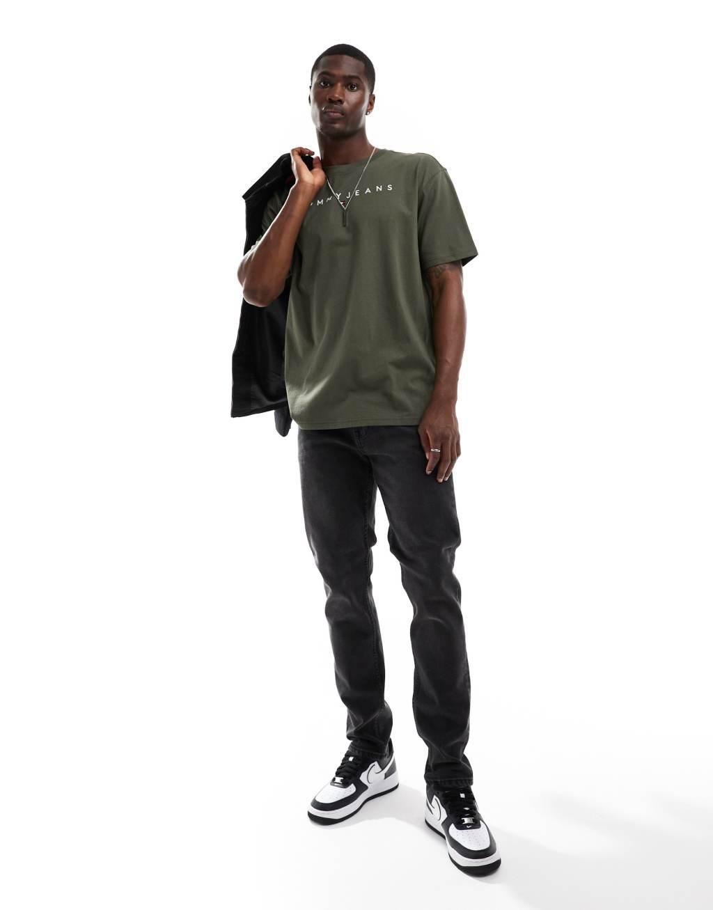 Tommy Jeans linear logo T-shirt in khaki green Product Image