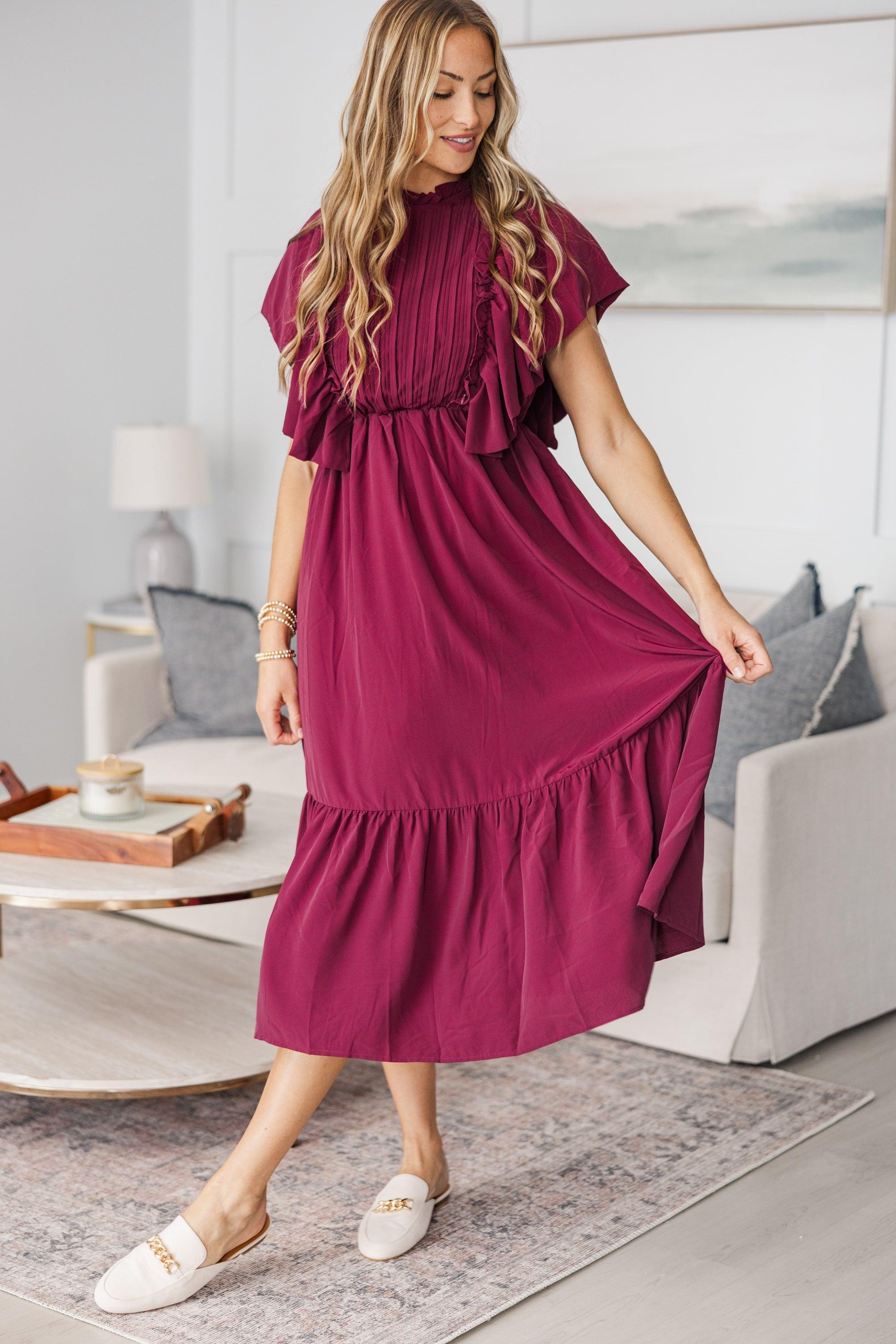 NURSING COLLECTION: All The Good Burgundy Red Ruffled Midi Dress Female Product Image