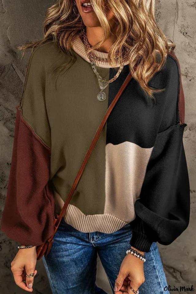 Olivia Mark – Stylish Colorblock Exposed Seam Sweater with Chicory Coffee Tones and Balloon Sleeves Product Image