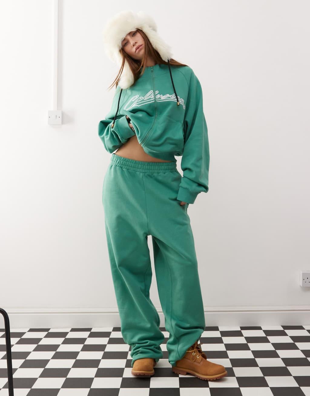 COLLUSION oversized sweatpants with embroidery in green - part of a set Product Image