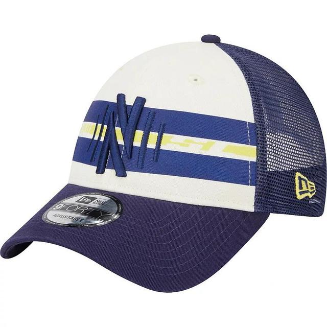 Mens New Era White/Navy Nashville SC Team Stripes 9FORTY Trucker Snapback Hat Product Image