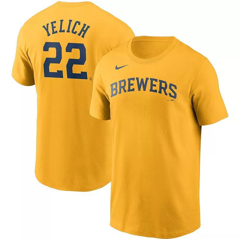 Mens Nike Christian Yelich Gold Milwaukee Brewers Name & Number T-Shirt Product Image