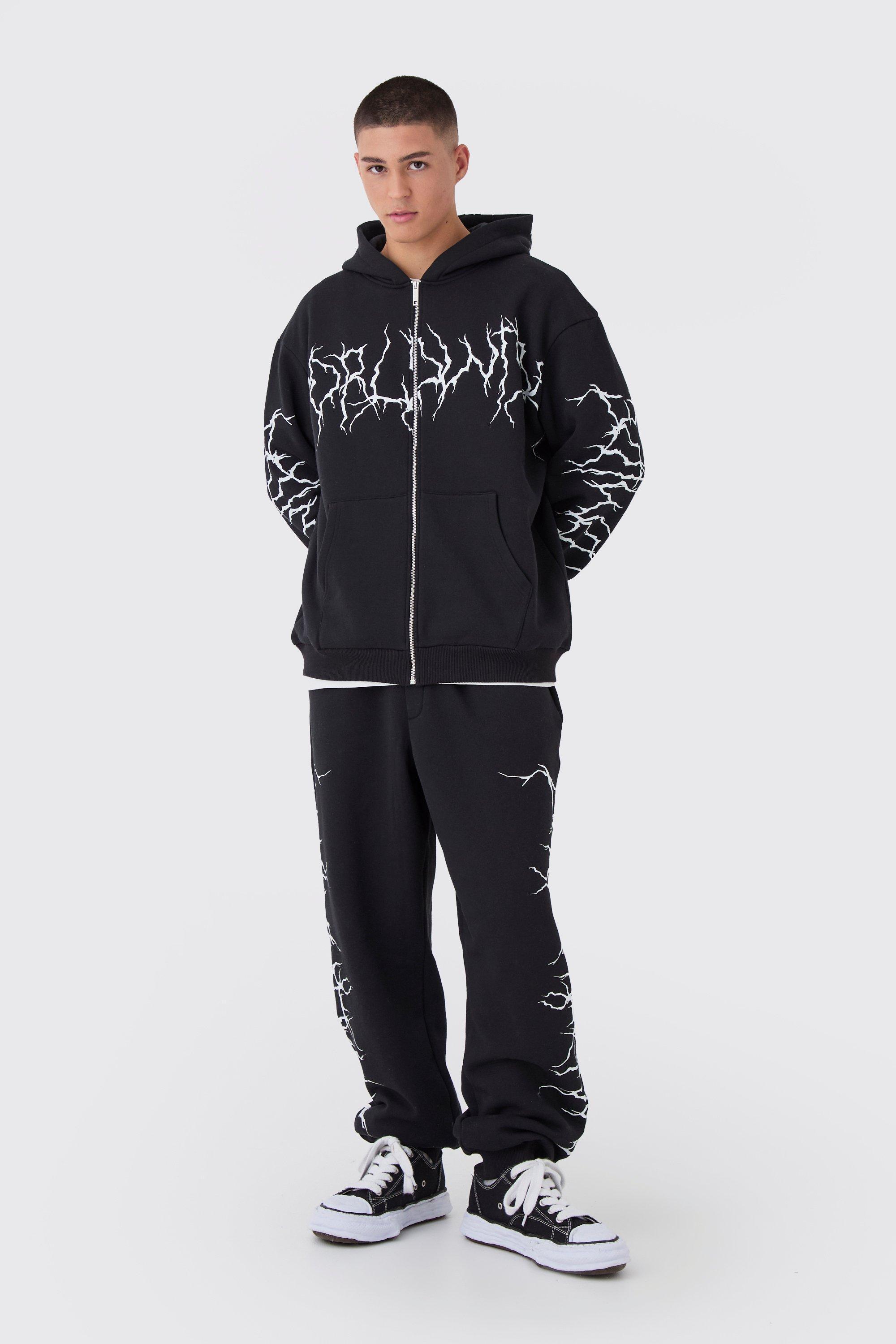 Mens Black Oversized Graffiti Zip Through Hooded Tracksuit, Black Product Image