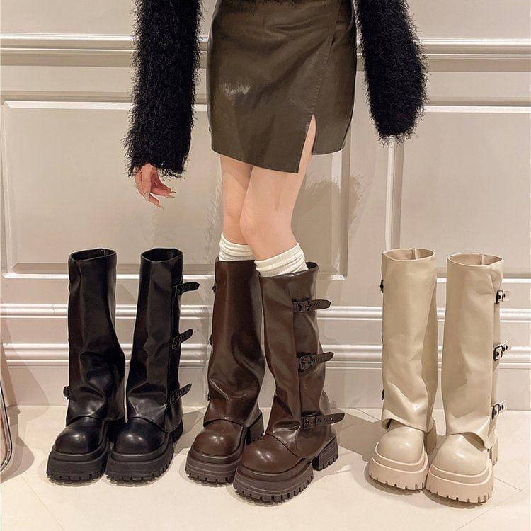 Platform Buckled Panel Knee High Boots Product Image