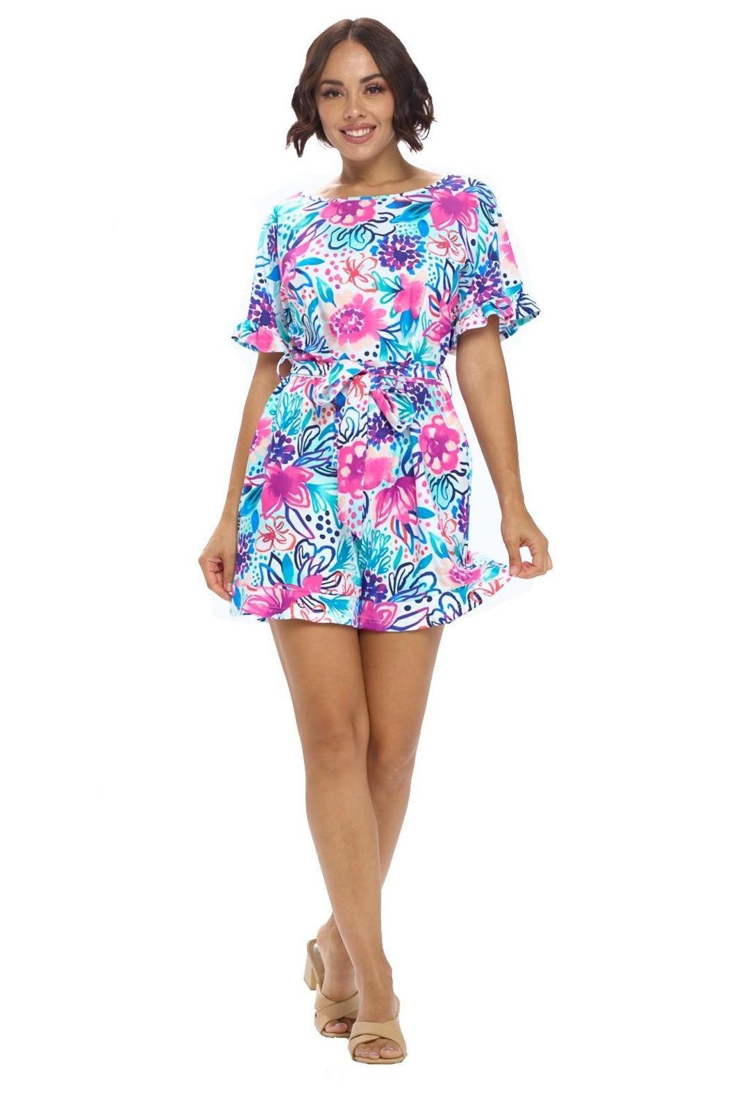 White Floral Belted Romper Product Image