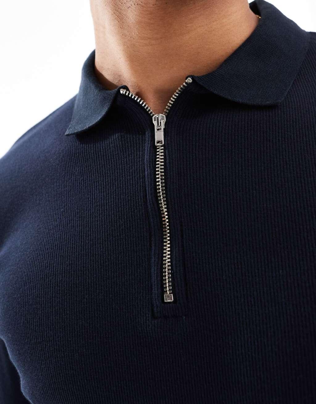 ASOS DESIGN muscle fit rib polo in navy Product Image