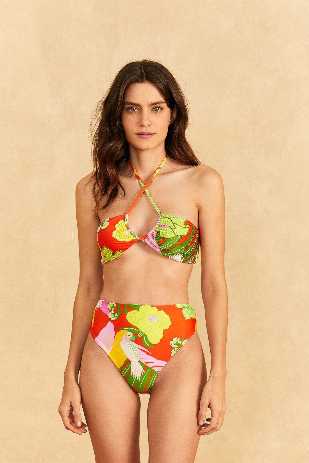 Red Neon Floral Halter Neck Bikini Top Product Image