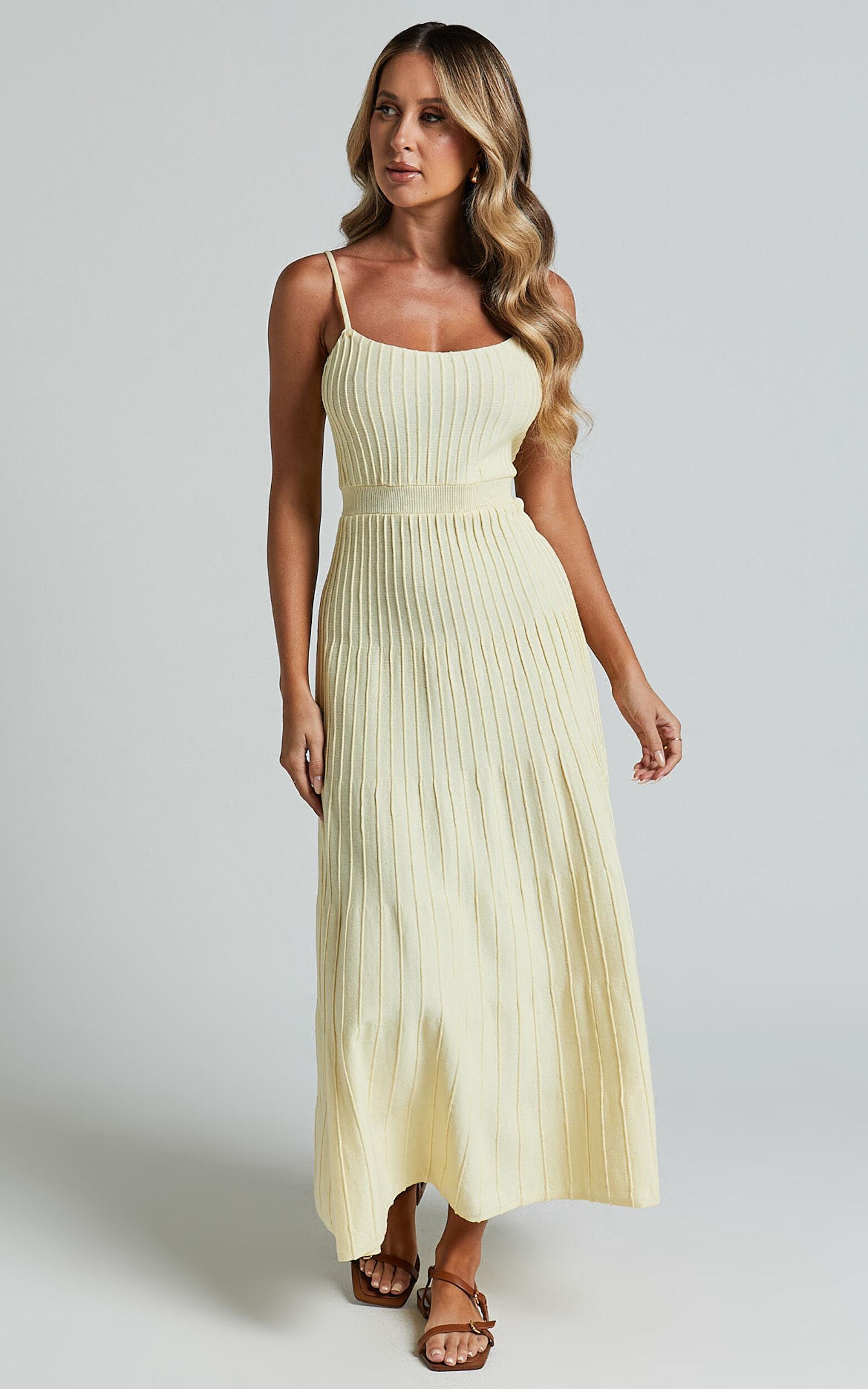 Donissa Midi Dress - Panelled Knit Dress in Butter Yellow Product Image