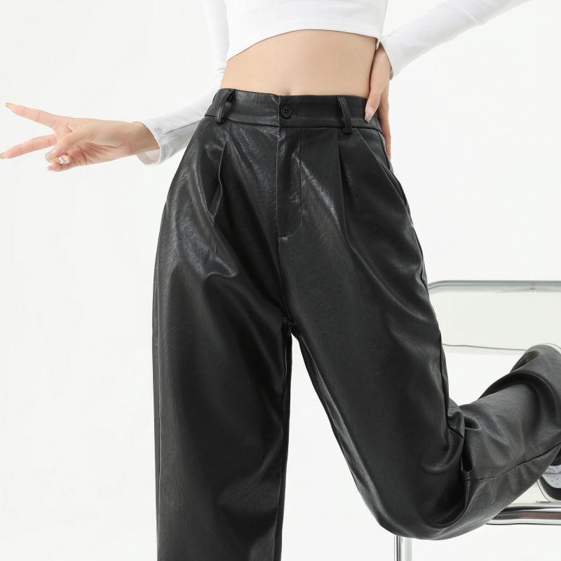 High Waist Plain Faux Leather Loose Fit Pants (Various Designs) Product Image