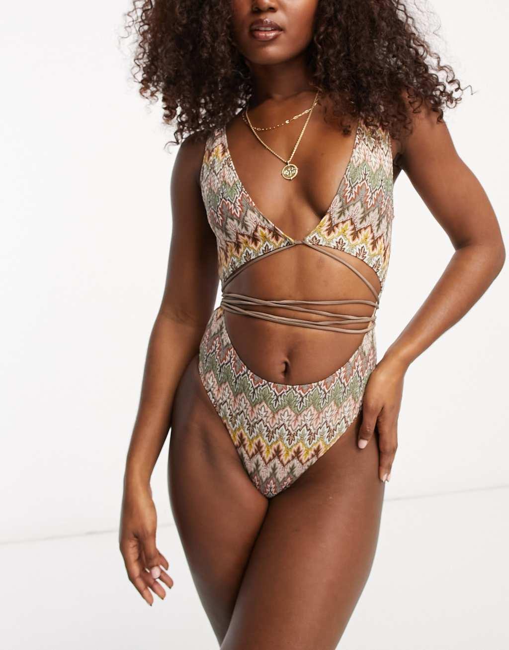 South Beach Exclusive cut out wrap around embroidered swimsuit in multi print  Product Image