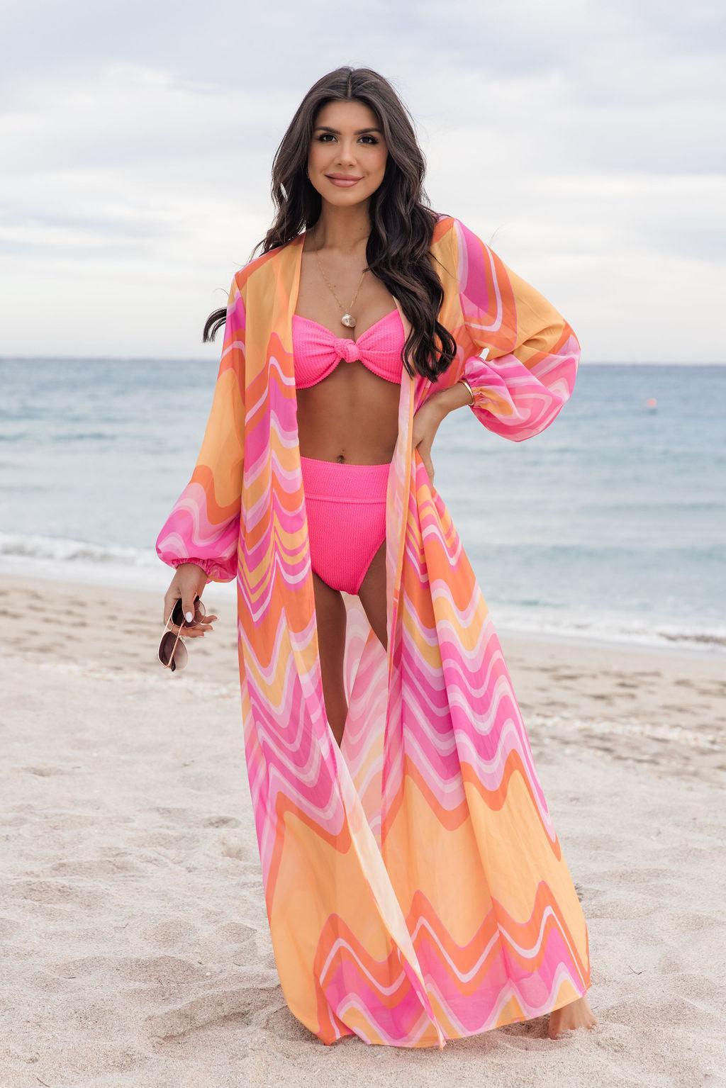 Eyes On Paradise in Serenity Swirl Pink and Orange Swirl Belted Kimono Cover Up Product Image