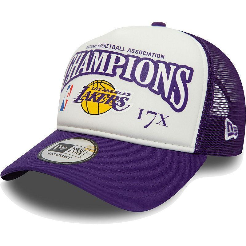 Mens New Era White Los Angeles Lakers 17x League Champs Commemorative 9FORTY Trucker Snapback Hat Product Image