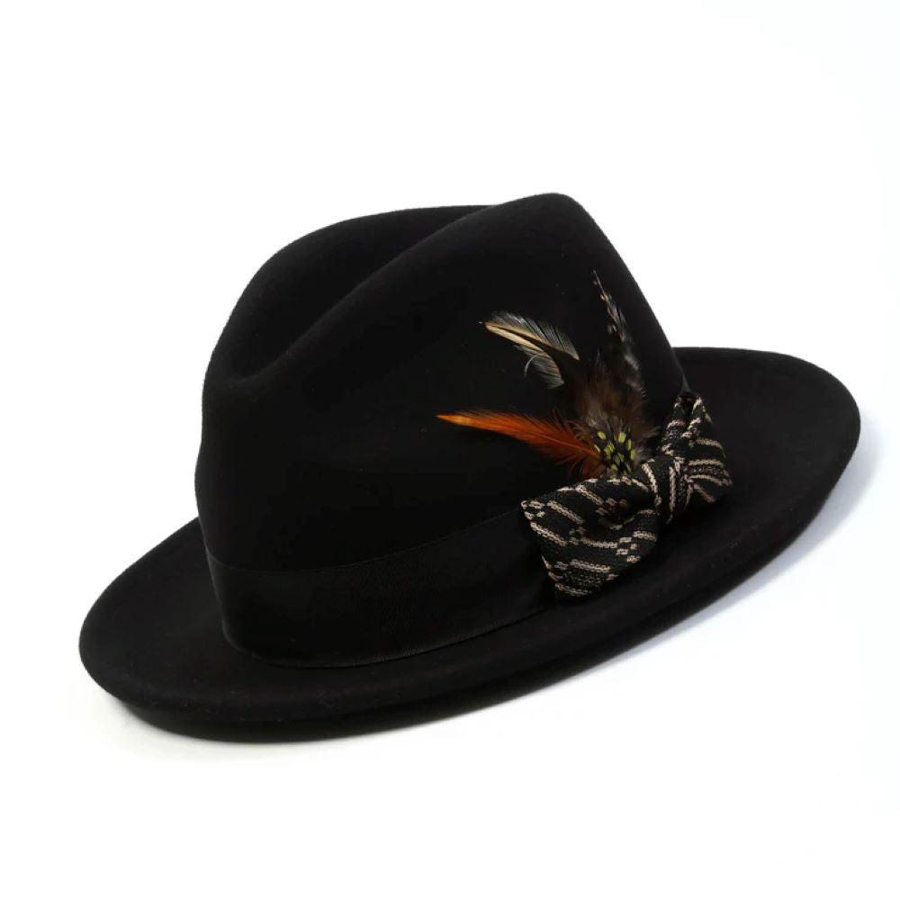 Black Wool Felt Fedora Hat with Beige Ribbon 2½ Brim Product Image