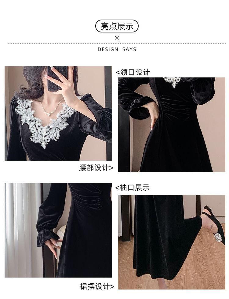 Puff-Sleeve V-Neck Lace Trim Midi A-Line Velvet Dress Product Image