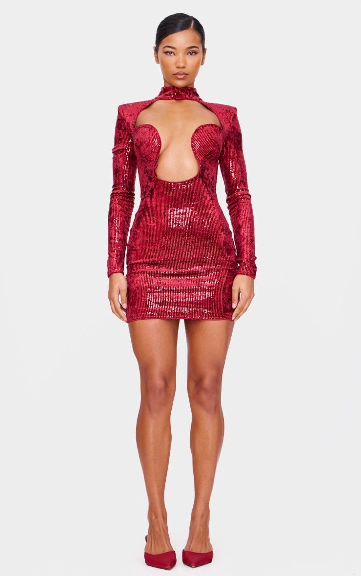 Cherry Red Sequin Underwire Detail Long Sleeve Bodycon Dress Product Image