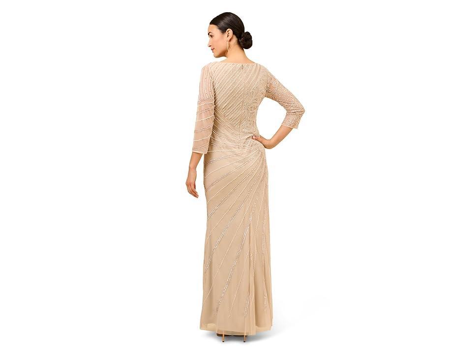 Adrianna Papell Long Sleeve Beaded Long Gown with Starburst Bead Pattern (Biscotti) Women's Dress Product Image