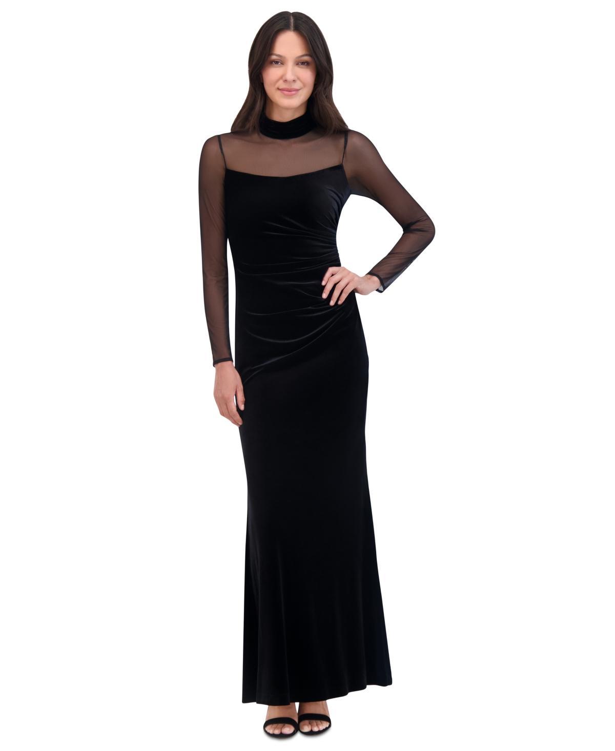 Eliza J Mock Neck Long Sleeve Mixed Media Velvet Gown Product Image