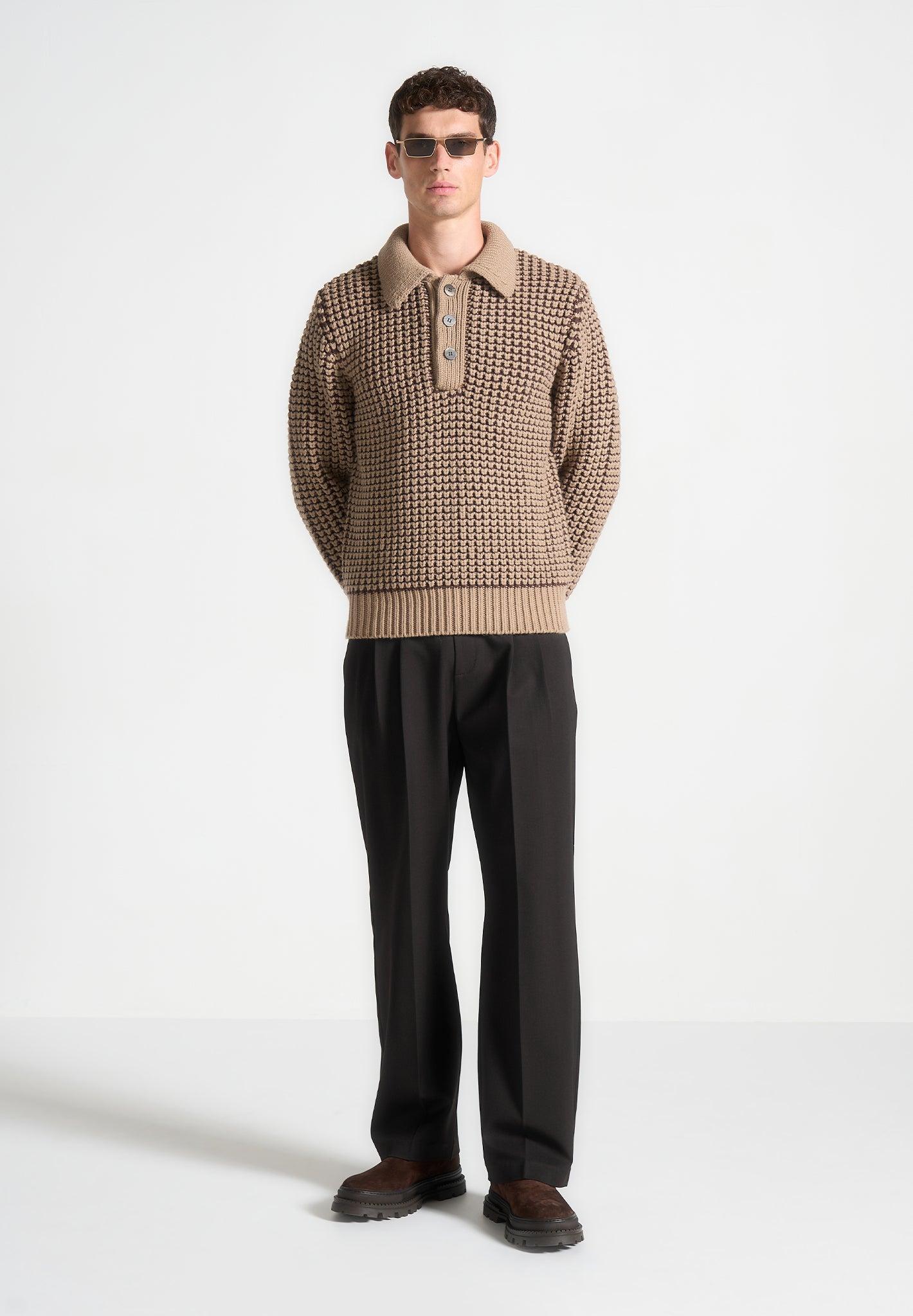 Textured Wool Knit Polo Jumper - Taupe Male Product Image