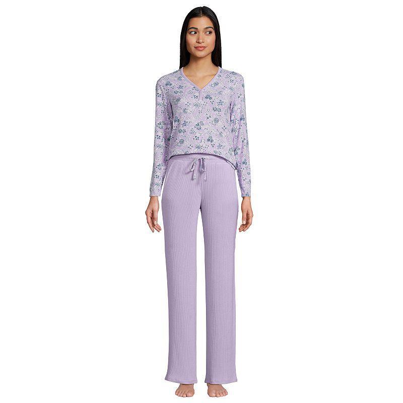 Womens Lands End Cozy Long Sleeve Pajama Top & Pajama Pants Sleep Set Purple Floral Product Image