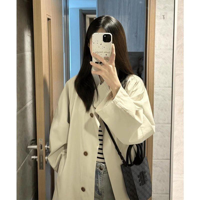 Stand Collar Plain Single Breasted Long Trench Coat product image