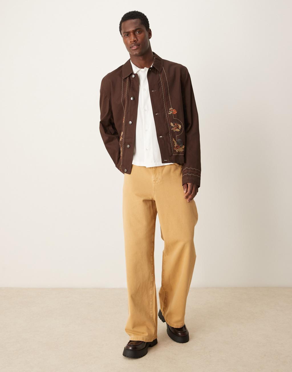 ASOS DESIGN embroidered harrington jacket in brown Product Image