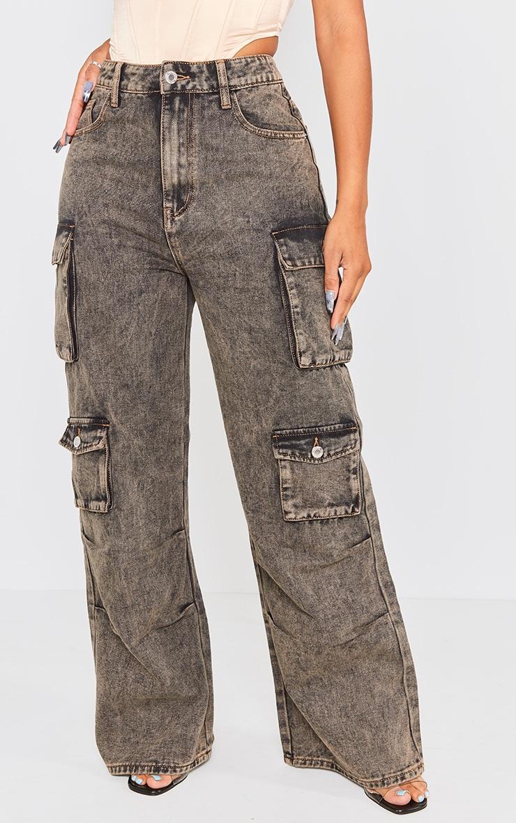 Shape Washed Brown Denim Pocket Detail Cargo Jeans Product Image