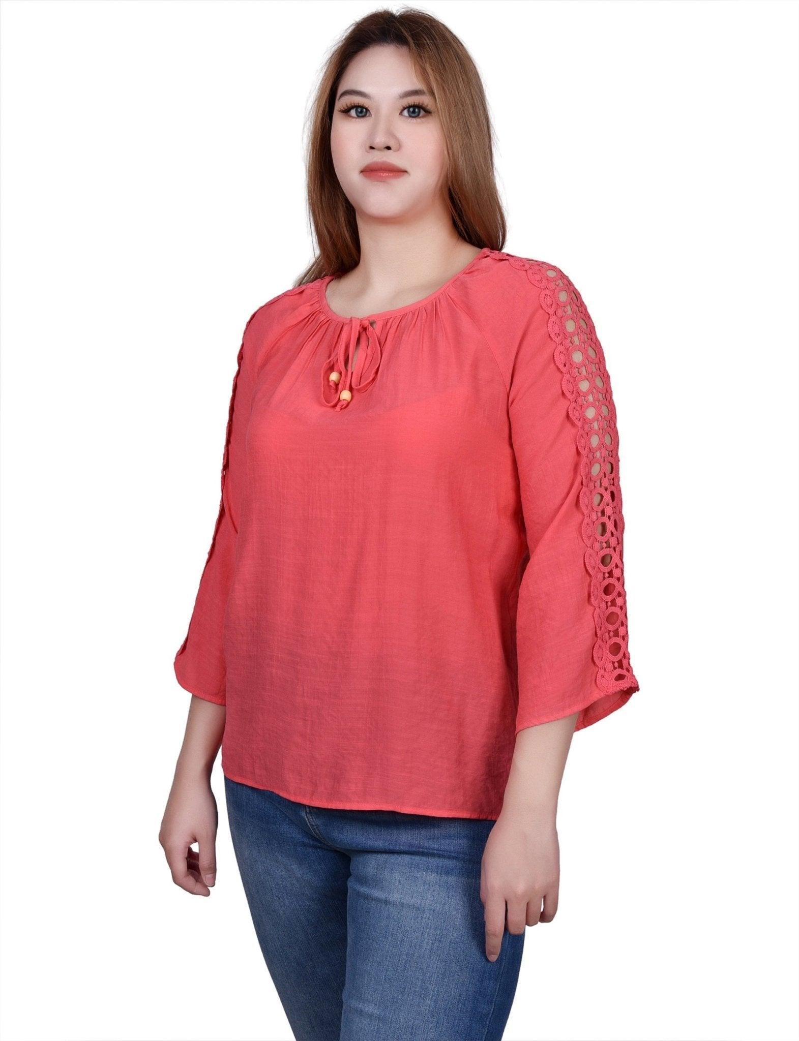 3/4 Length Sleeve Crochet Detail Blouse - Petite Product Image