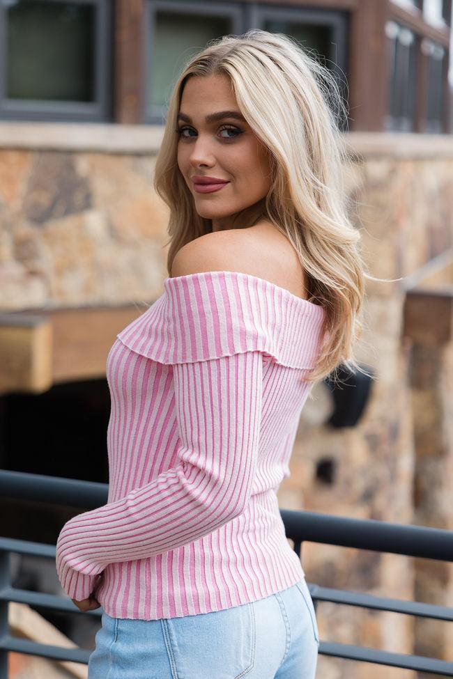 For What It Takes Pale Pink Ribbed Off The Shoulder Sweater FINAL SALE Product Image