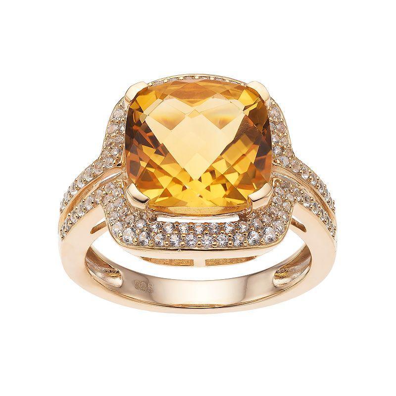 14k Gold Over Silver Citrine & Lab-Created White Sapphire Square Halo Ring, Womens Yellow Product Image