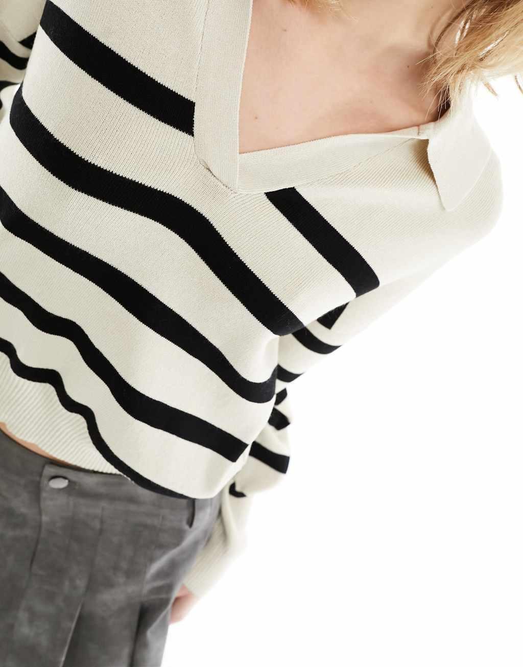 Noisy May knitted stripe polo in oatmeal Product Image