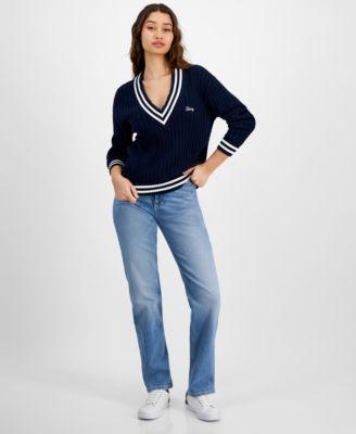 Tommy Jeans Womens Script Logo V Neck Ribbed Cotton Sweater Julie Straight Leg Button Waist Jeans Product Image