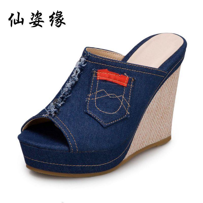 Peep-Toe Wedge-Heel Denim Slide Sandals Product Image