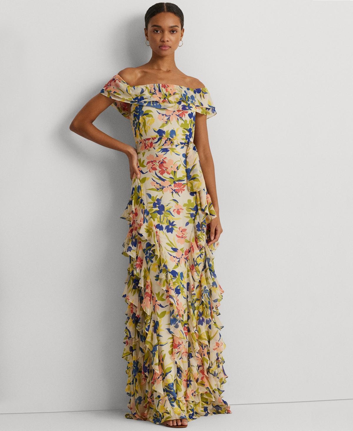 Women's Ruffled Floral Off-The-Shoulder Gown Product Image