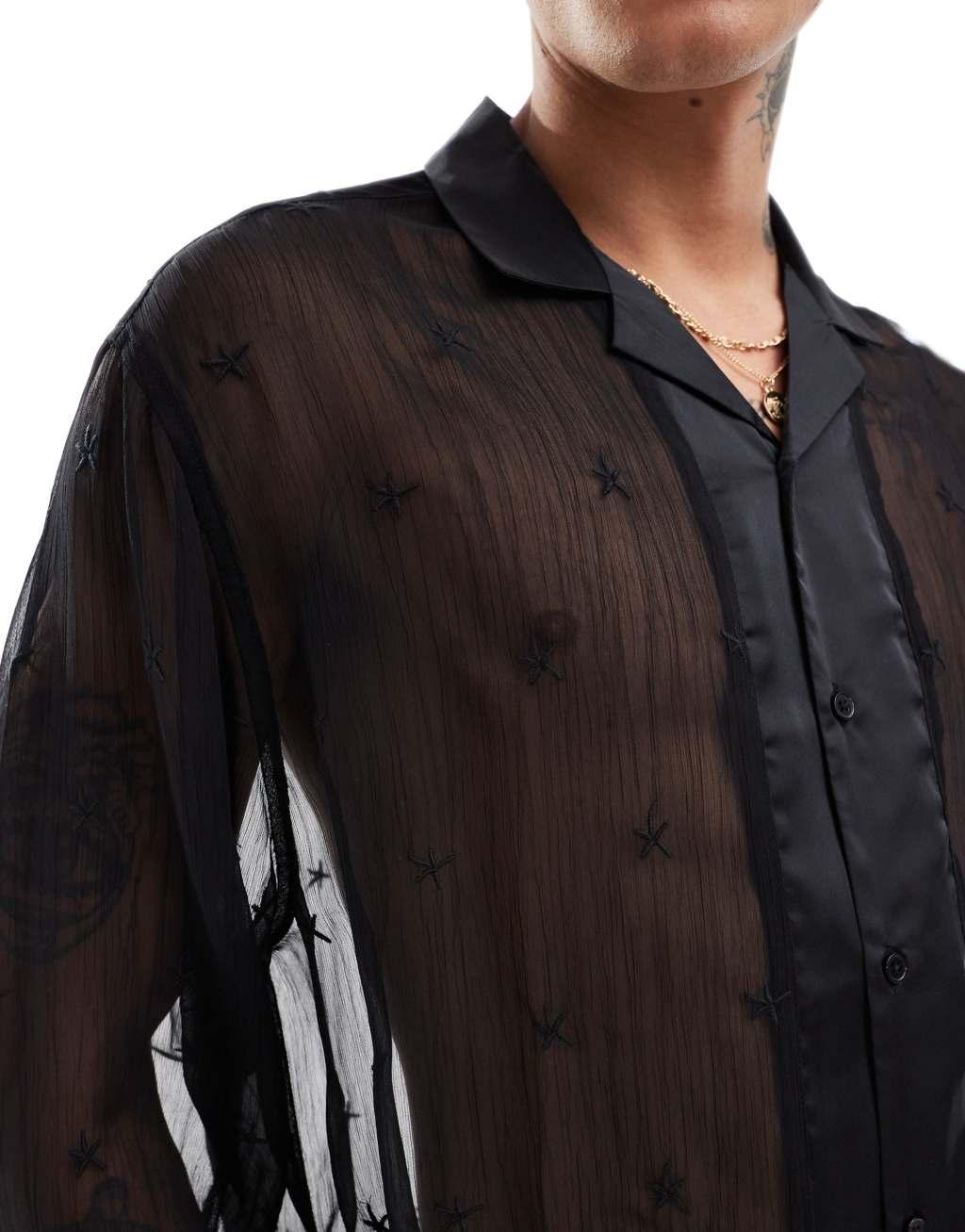 ASOS DESIGN oversized shirt with camp collar and embroidery in black Product Image