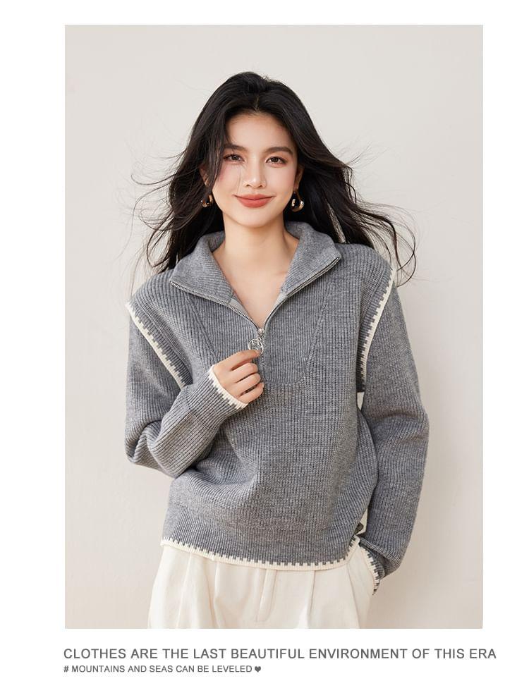 Collar Melange Contrast Trim Half-Zip Ribbed Sweater Product Image